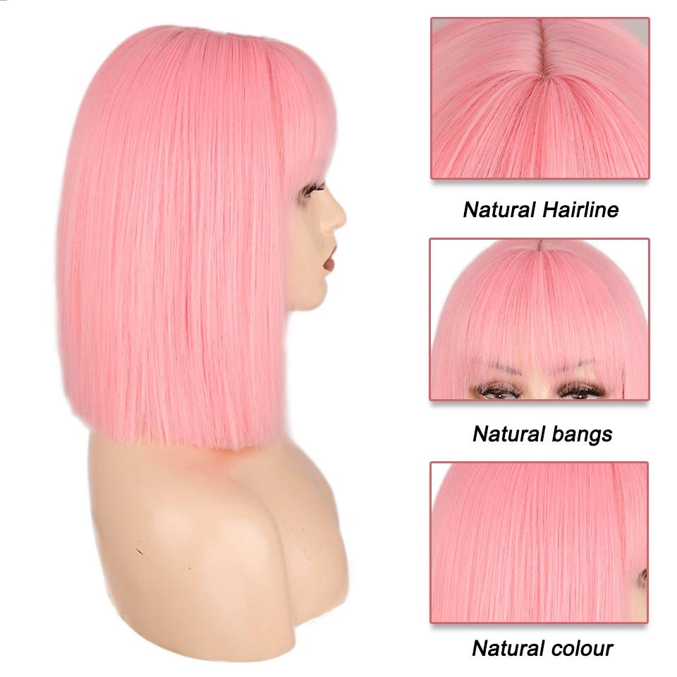 Synthetic wig Short Pink Bob Wig With Bangs for Women Bob Wigs Black Pink Purple Wig for Party Daily Use Shoulder Length