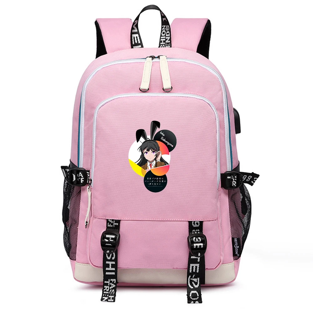 Rascal Does Not Dream of Bunny Girl Senpai Pink Women Cute Backpacks Oxford School Bags Large Bookbag USB Port Laptop Bagpack