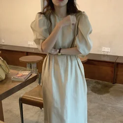 2021 New Women Summer Vintage Long Dress Sashes Folds Puff Sleeve Elegant Pullover Sundress Palace Style