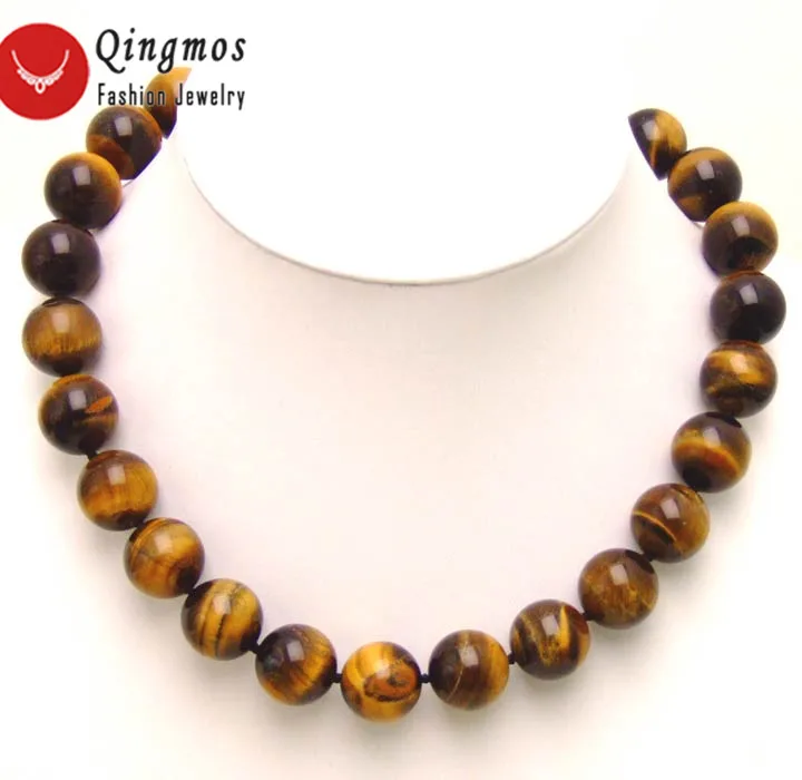 Qingmos Fashion 14mm Round Natural Yellow Tiger's-eye Necklace for Women with Genuine Stone Necklace Jewelry Choker 17