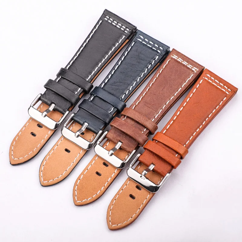 Cowhide Watchband Accessories 22mm 24mm Women Men Genuine Leather Soft Watch Band Strap Black Blue Brown Orange