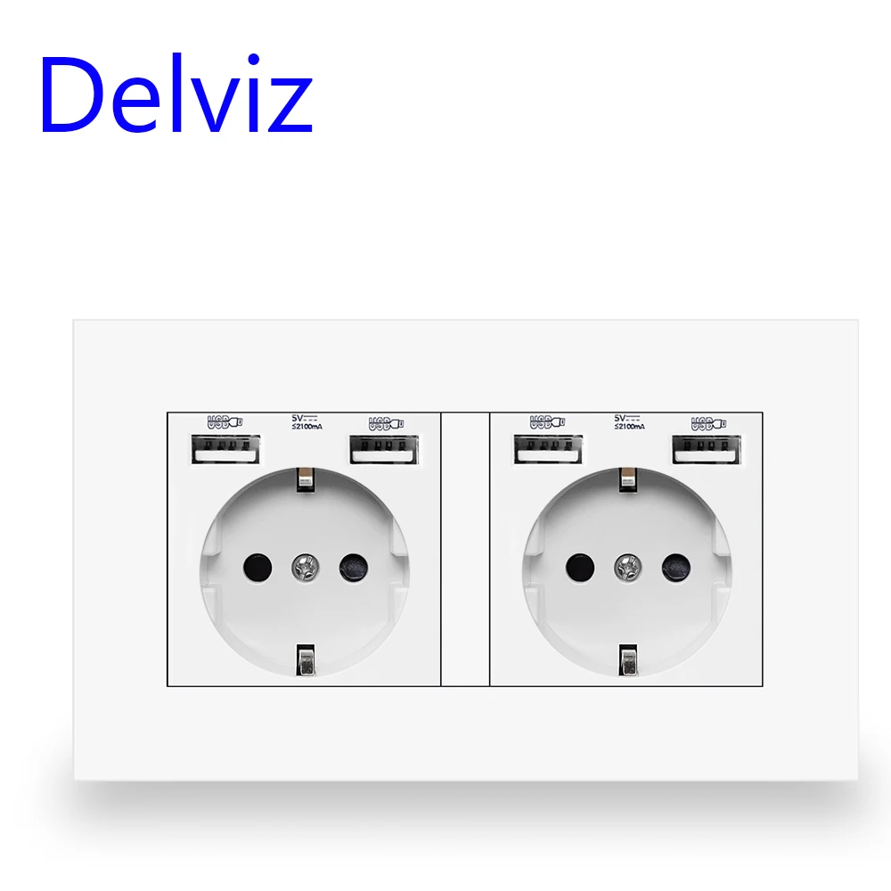 Delviz EU standaard USB-aansluiting, dubbele uitgang, 16A kwaliteit voedingspaneel AC 110 ~ 250V 146 mm * 86 mm, dubbel frame USB-stopcontact