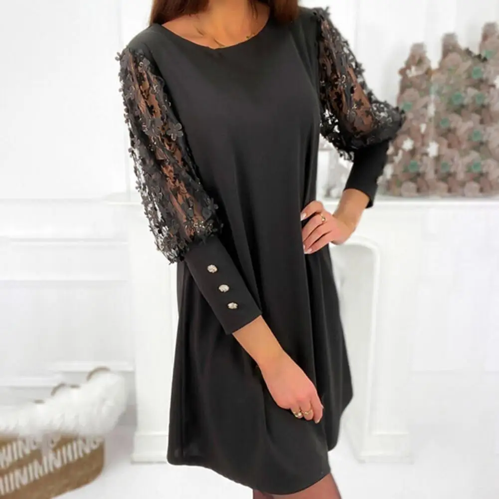 

2022 Spring Embroidery Flower Women Dress Set Hollow Out Puff Sleeve Pure Color Round Neck Mesh Lace Dresses for Women Party