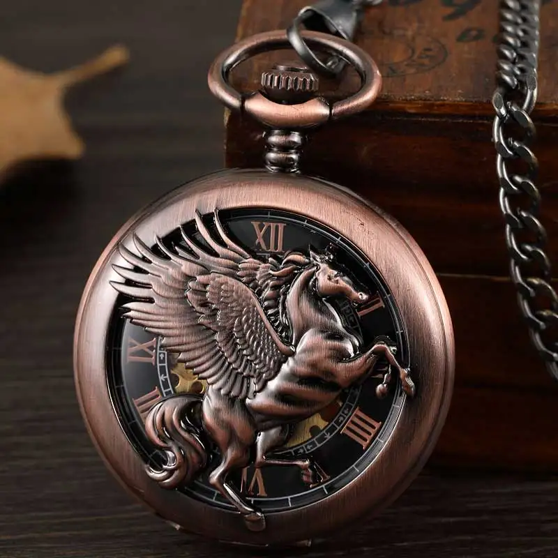 

Vintage Fantasy Pegasus Horse Mechanical Pocket Watch Chains Bronze Hollow Steampunk Skeleton Fob Watches for Men Gifts Reloj