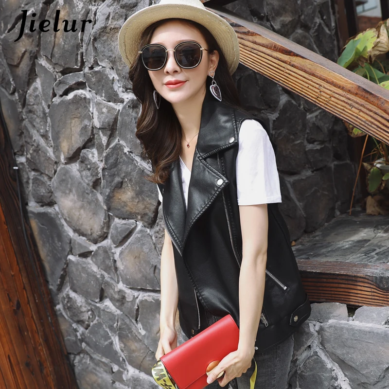 Jielur 2021 Women Leather Vest Black Chicly Mujer Coat High Street Vintage Leather Clothing Autumn Winter Coat Vest Zipper M-L