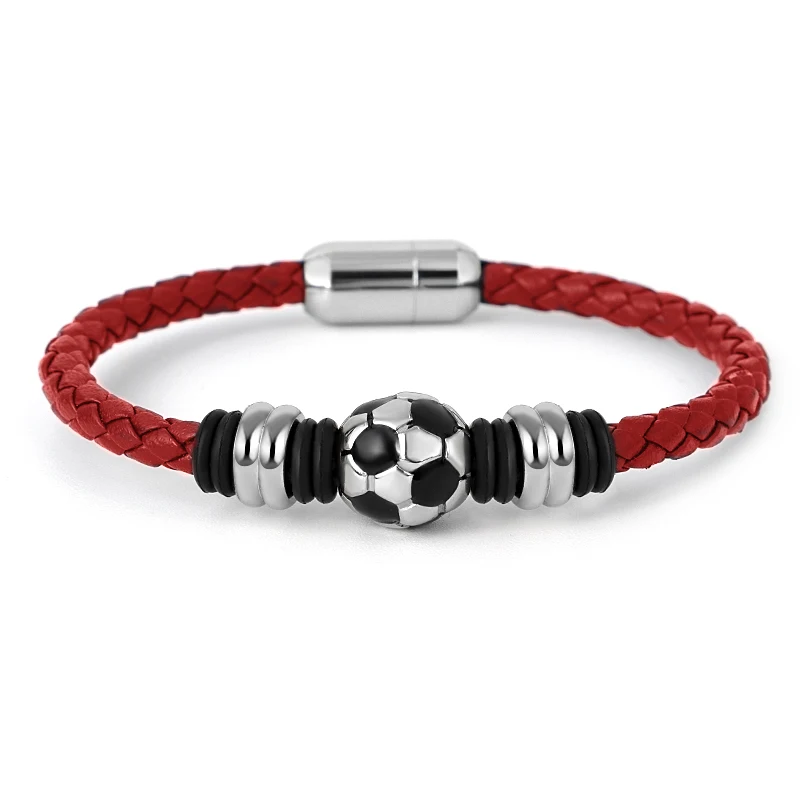 New Casual Sport Football Charm Bracelets for Women Men Player Soccer Fan's Leather Rope Bracelet Stainless Steel Jewelry