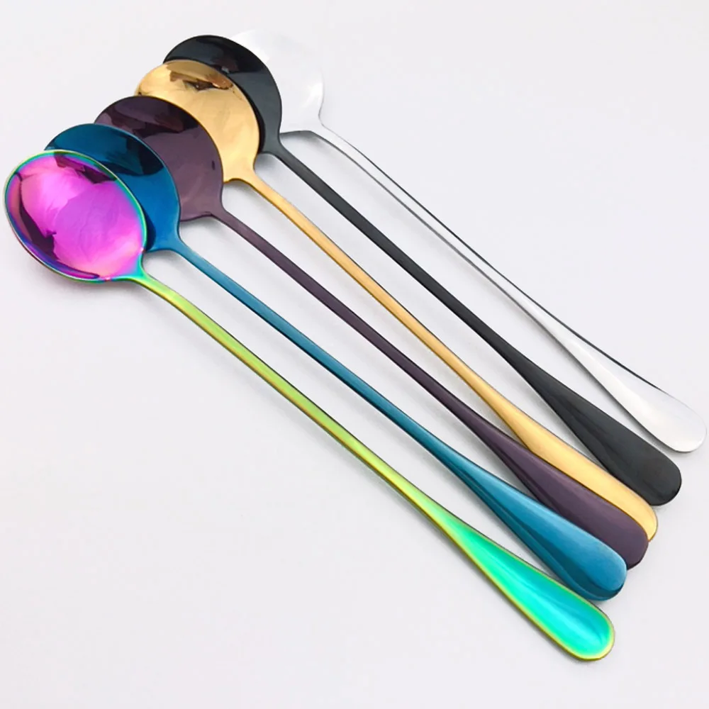 Colorful Rainbow Black Coffee Dinner Dessert Spoons Table Teaspoon Round Scoop Long Handle Spoon Dinnerware Salad Drinking 1pc