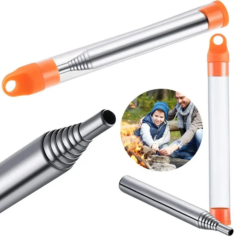 Souffleuse à feu pliable en acier inoxydable, 2 pièces, taille de poche, équipement pour le Camping, la randonnée, le pique-nique