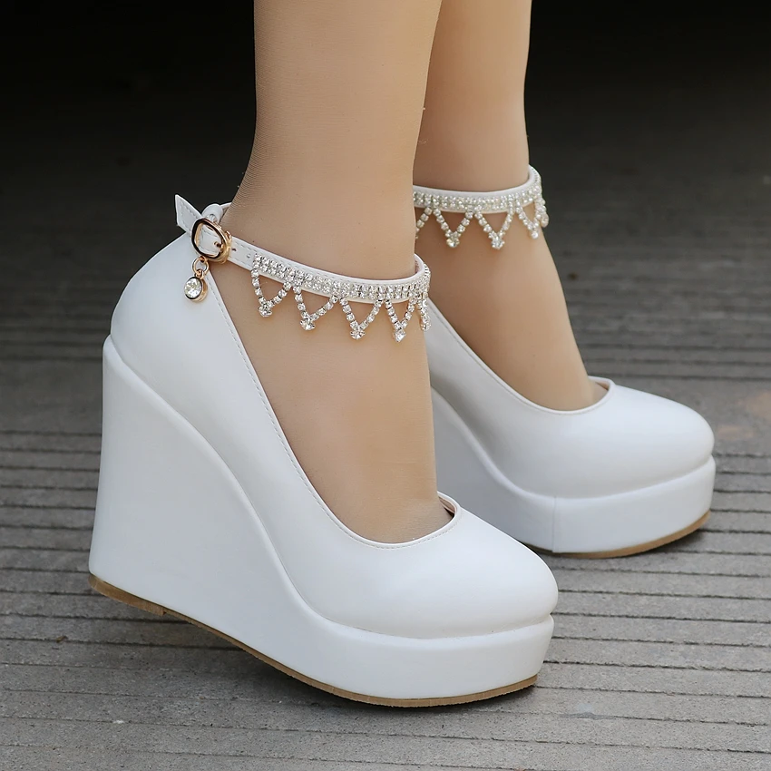 Crystal Queen Ankle Strap Platform Wedges Women Pump High Heels Sapato Feminino Dress Shoes