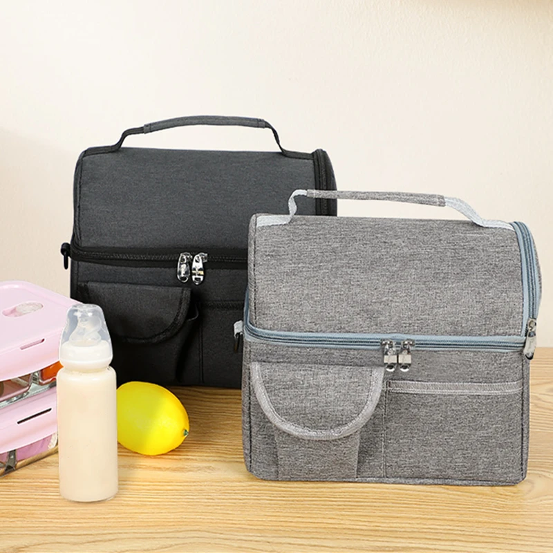 Large Capacity Double Layer Thermal Lunch Bag Picnic Food Insulated Storage Container Bento Milk Preservation Cooler Tote Bag