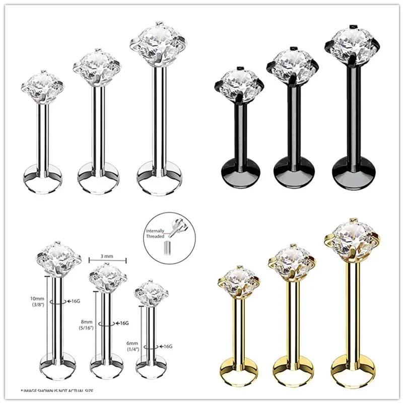 Free shippment LOT50pcs 16g Body Jewelry Piercing -Round CZ Shining Lip Labret Ring Ear Helix Bar Lip Piercing