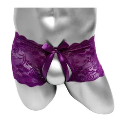 Open Crotch Floral Lace Sissy Boxer Panties Sexy Mens Shorts Lingerie See Through Fashion Underwear Cute Male Bikini Underpants