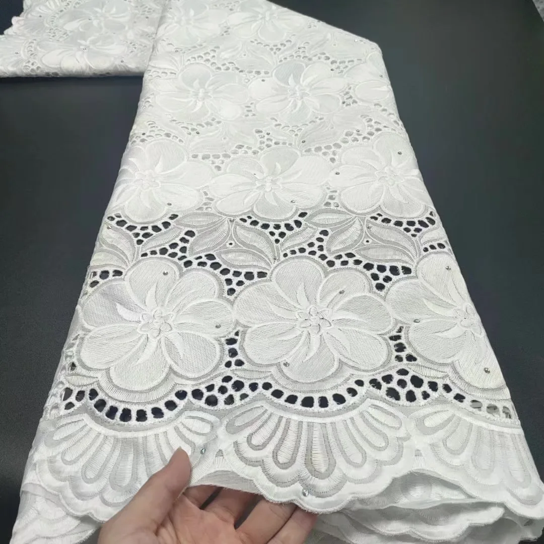 

Plain Holed Embroidery Voile Lace Soft African Swiss Fabric with Stones Modern Ghana Gambia Senegal Traditional Wear ML8540