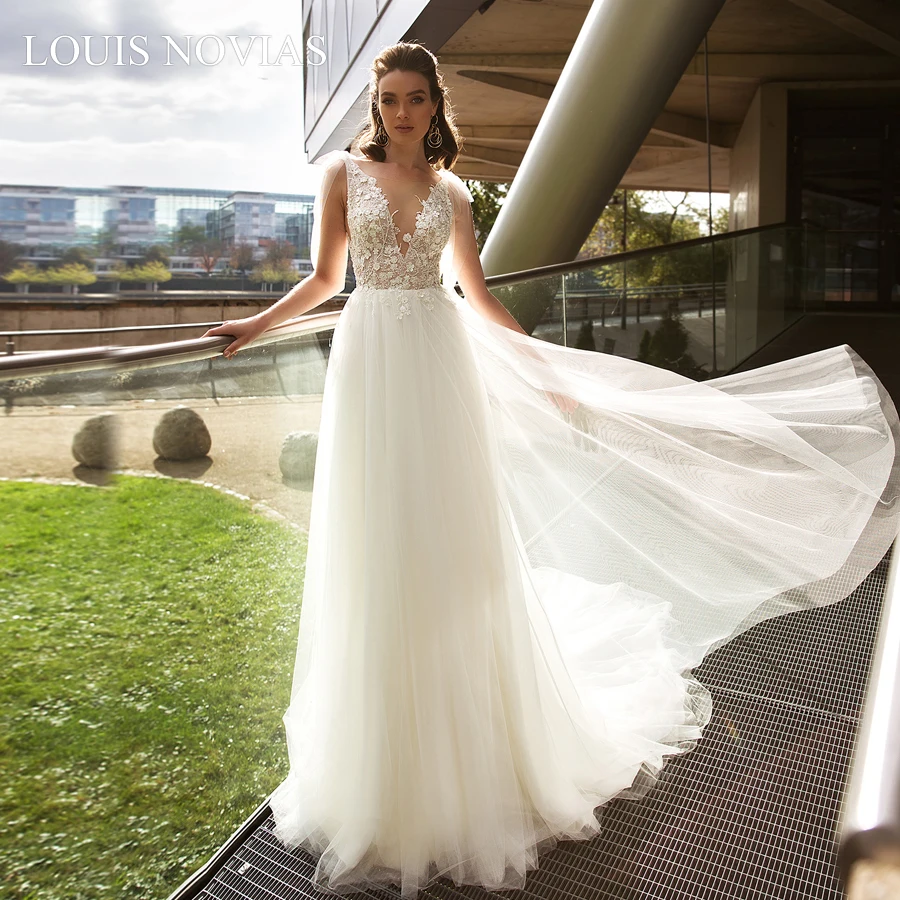 

Louis Novias A-Line Wedding Dress Beach Sleeveless Sweep Brush Train Backless Illusion Colorful Vestido De Noiva