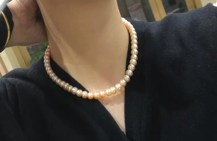 

8mm pink half round real Pearl choker necklace gold clasp natural Freshwater PEARL Women Jewelry 17'' 43cm 35cm