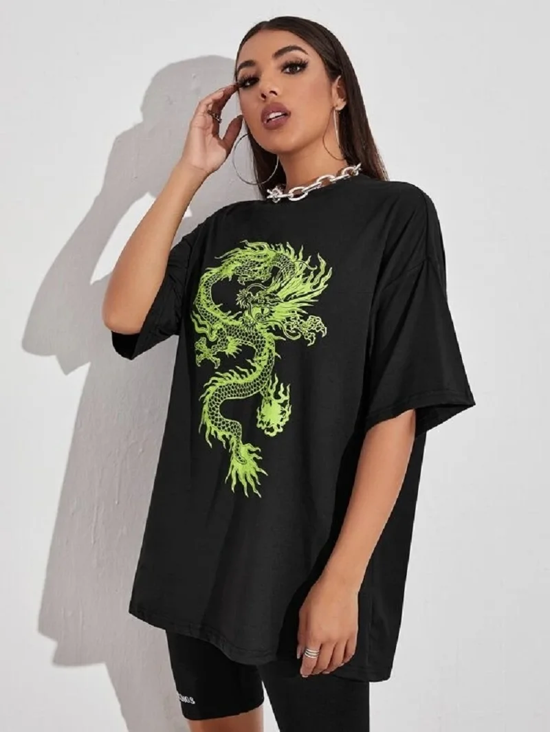 sunfiz YF Big Dragon Large Sizes Female T-shirt Dragon Print on Clothes Top Oversize T-shirt Summer Short Sleeve Harajuku
