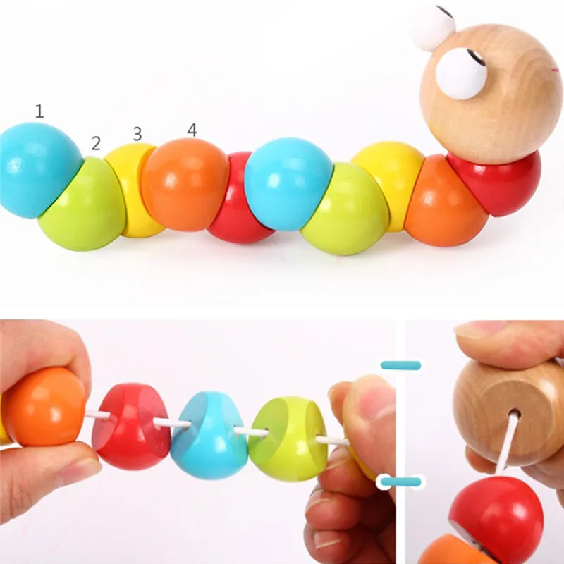 Kids Cute Insert Puzzle Educational Wooden Toys Baby Children Fingers Flexible Training Science Twisting Worm Toy L0068