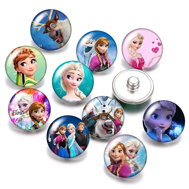 Disney Princess Elsa Anna Cute Olaf 10pcs Round photo glass cabochon 18mm snap buttons for 18mm snap bracelets jewelry wholesale