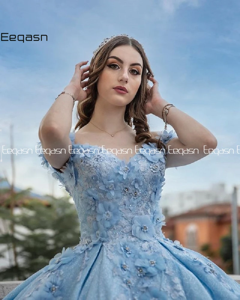 Sprankelende Hemelsblauwe Sweet 16 Baljurk Quinceañera Jurken Kralen Kanten Bloemen Vestido De 15 Anos Lange Prom Quinceanera 2024