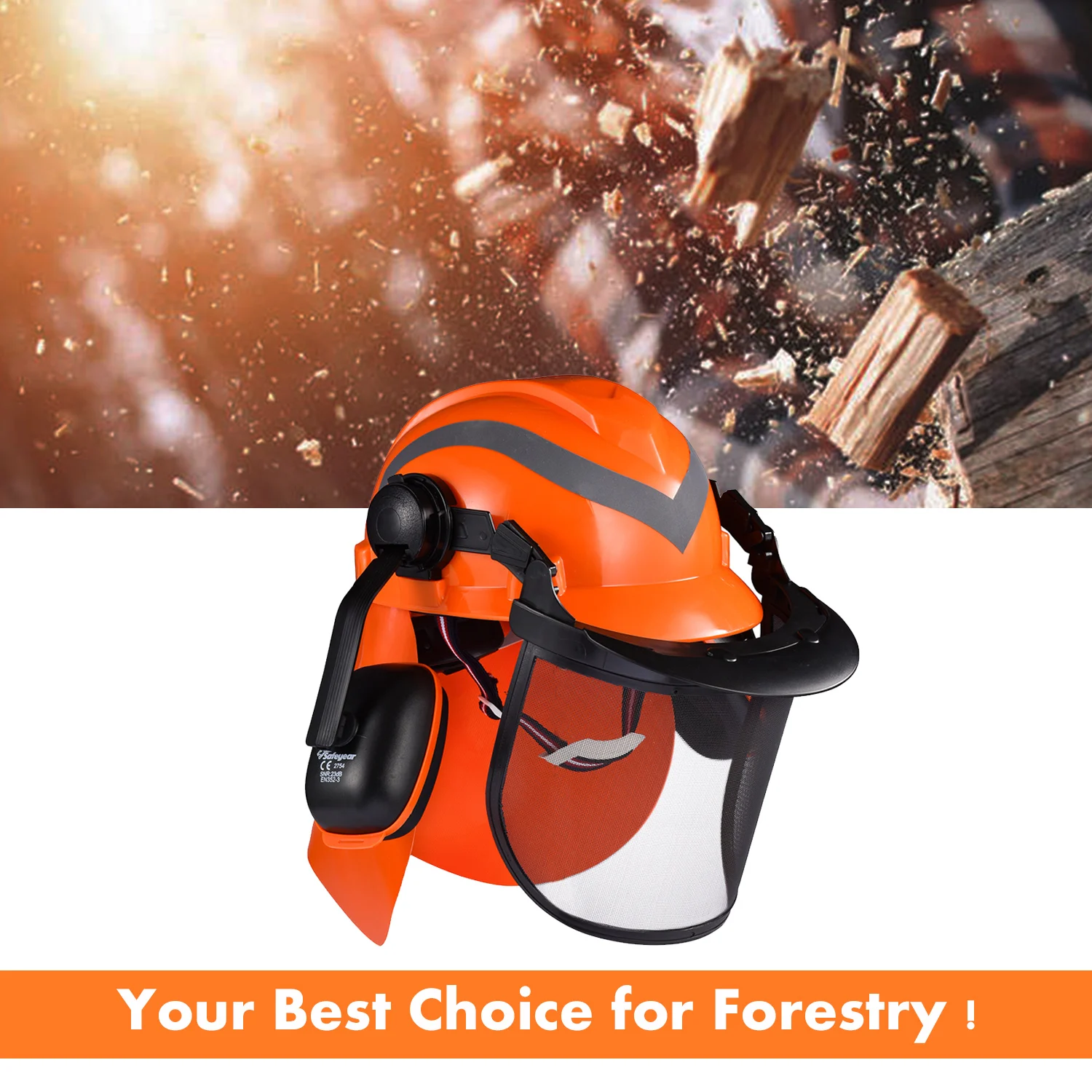 SAFEYEAR Pro Forestry Chainsaw Safety Helmet With Adjustable 27SNR Ear Muffs,Mesh Visor.EN397 Approved Quality Hard Hat