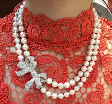 Handmade high-end natural freshwater 8-9mm white pearl micro inlay zircon stereo bowknot luxury short necklace fashion jewelry