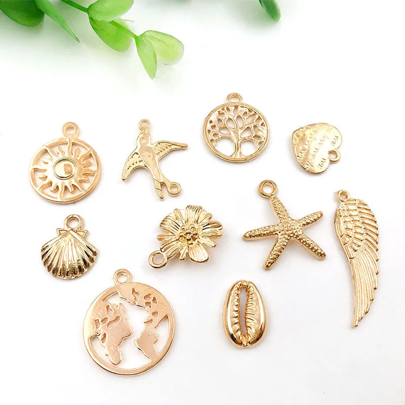 100pcs/set Pcs Kc Gold Color Alloy Charm Bracelet Pendant Earring Accessories Diy Jewelry Making Necklace Multi Shaped Mix