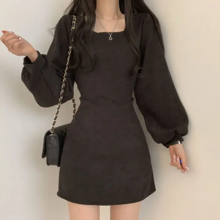 Vintage Chic Women's Dress Spring Autumn Square Neck Puff Sleeve Party Dresses Casual Full Wild Korean Vestido De Mujer Платье