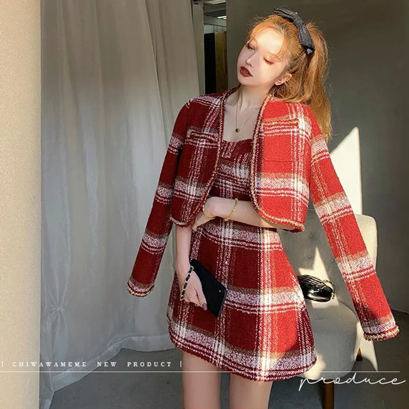 Woolen Harajuku Y2k Plaid Short Blazer Christmas Clothes Women Winter A-line Dress Sets Korean Fashion Suits 2-piece Set Female