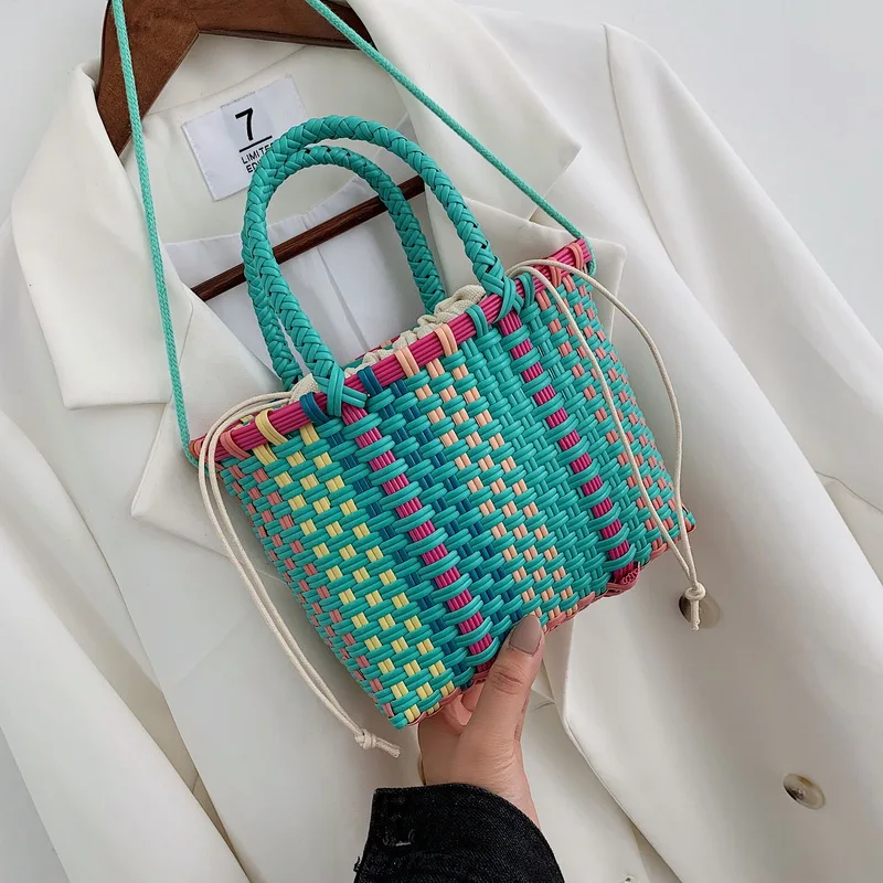 Handmade Women\'s Shoulder Bag Plastic Woven Small Handbag Rattan Straw Beach Bags Female Messenger Crossbody Bag Travel Tote Ha