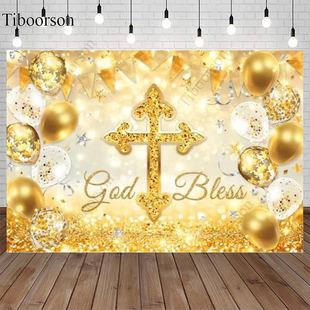 

God Bless Baptism Backdrop Gold Cross First Holy Communion Christening Party Supplies Props Custom Decor Banner Poster Props