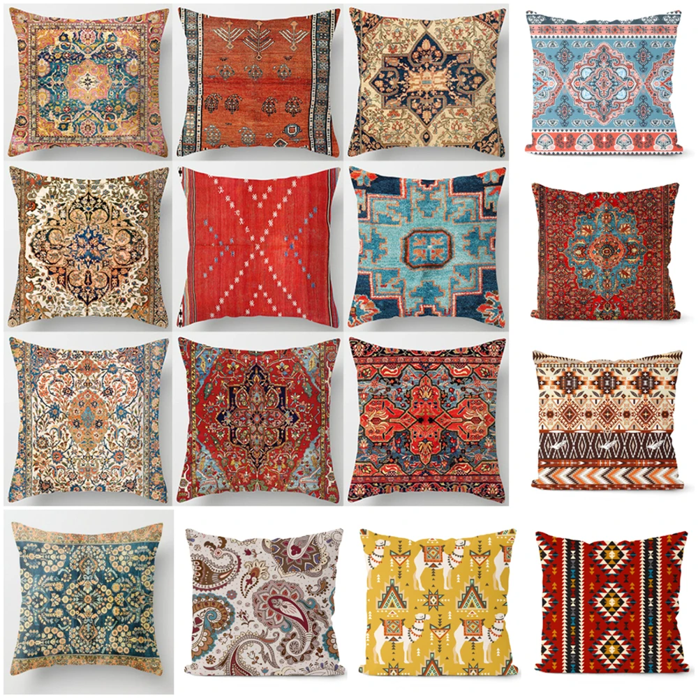 Ethnic Persian Carpet Print Cushion Cover Hot Retro Decorative Pillowcase Vintage Art Turkish Blanket Livingroom Throw Pillows