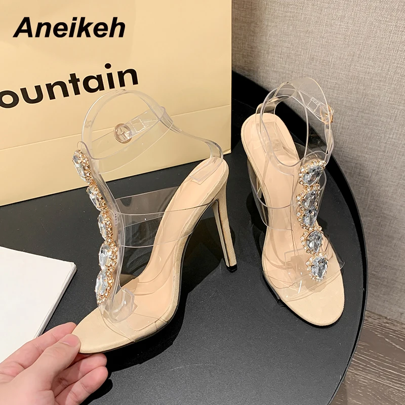 Aneikeh Summer Sandals Party PVC  Heart-shaped Crystal Buckle Fashion Sandalias Mujer Shoes For Women 2024 Thin Heels Drill Nove