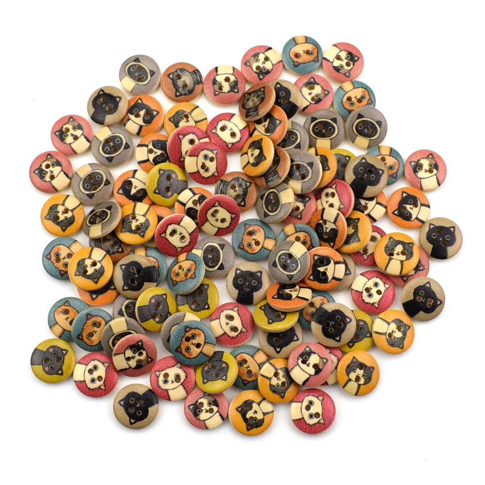 50 pçs 15mm botões de madeira redondos 2 furos gato adorável impresso botões de madeira para vestuário scrapbooking decoração