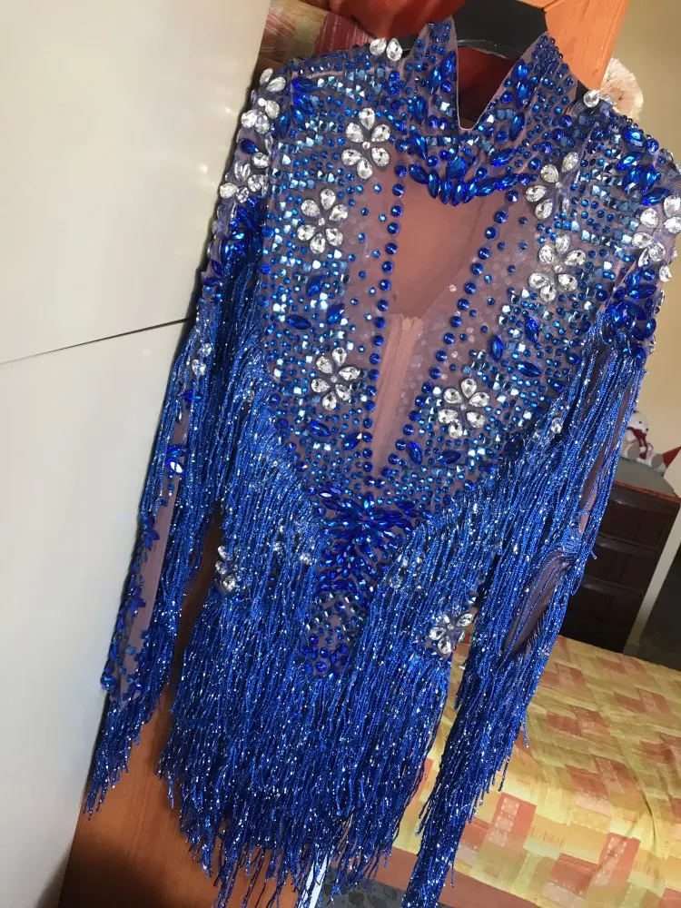 Blue Silver Rhinestones Transparent Fringe Bodysuit Birthday Celebrate Long Sleeves Dance  Women Singer Outfit shenlan