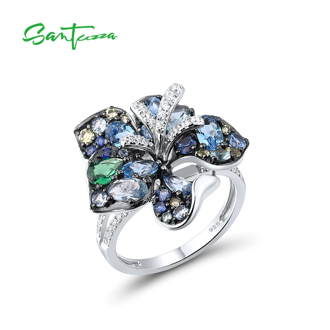 SANTUZZA Silver Ring For Women Genuine 925 Sterling Silver Sparkling Multi Gems Blue Lily Flower Ring Stunning Fine Jewelry