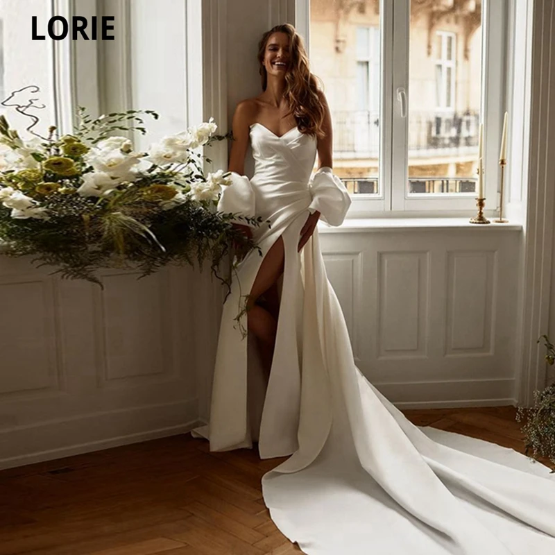 

LORIE New Modern Silk Satin A-line Wedding Dresses With Removable Sleeves Court Train Heart Shape Neck Pleats 2021 Bridal Gown