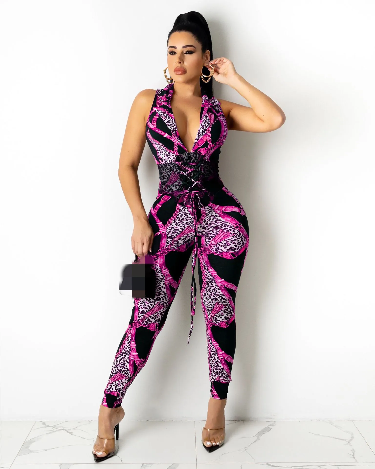 JRRY Sexy Women Jumpsuits Sleeveless Sashes Print Bodysuit High Elasticity Chain Pattern Outdoor Wear