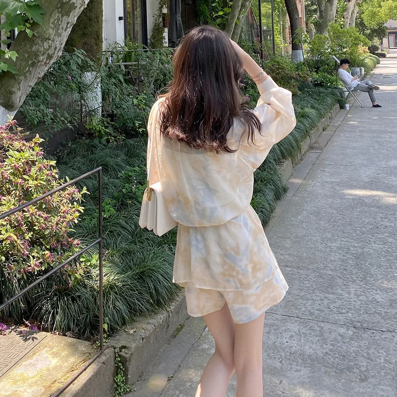 2 Pieces Sets Women Outfits Summer Sun-proof Chiffon All-match Tie Dye Loose Casual Shorts Street Ulzzang Fashion College Daily