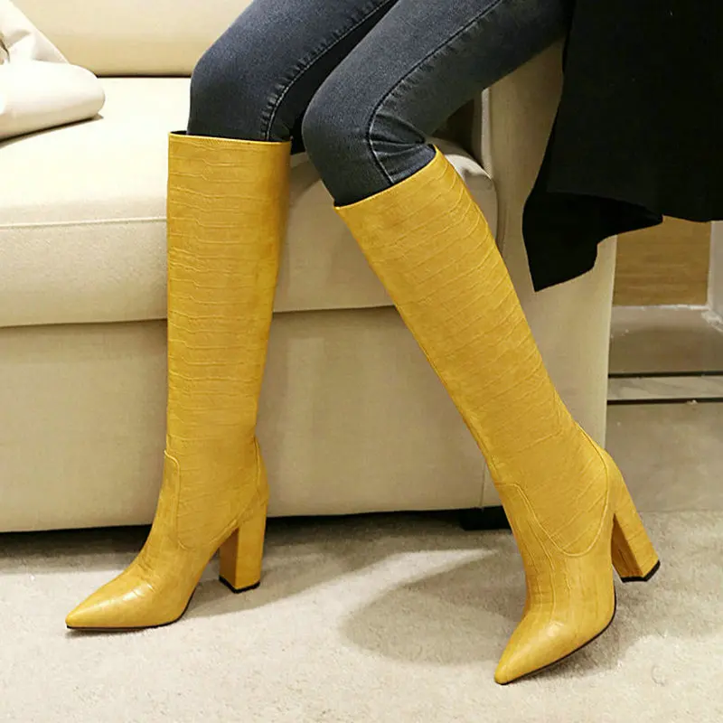 

2020 New Basic Women Knee High Boots PU Leather Pointed Toe Square Heel Ladies Boots Stone Pattern Women Shoes Big Size 34-43