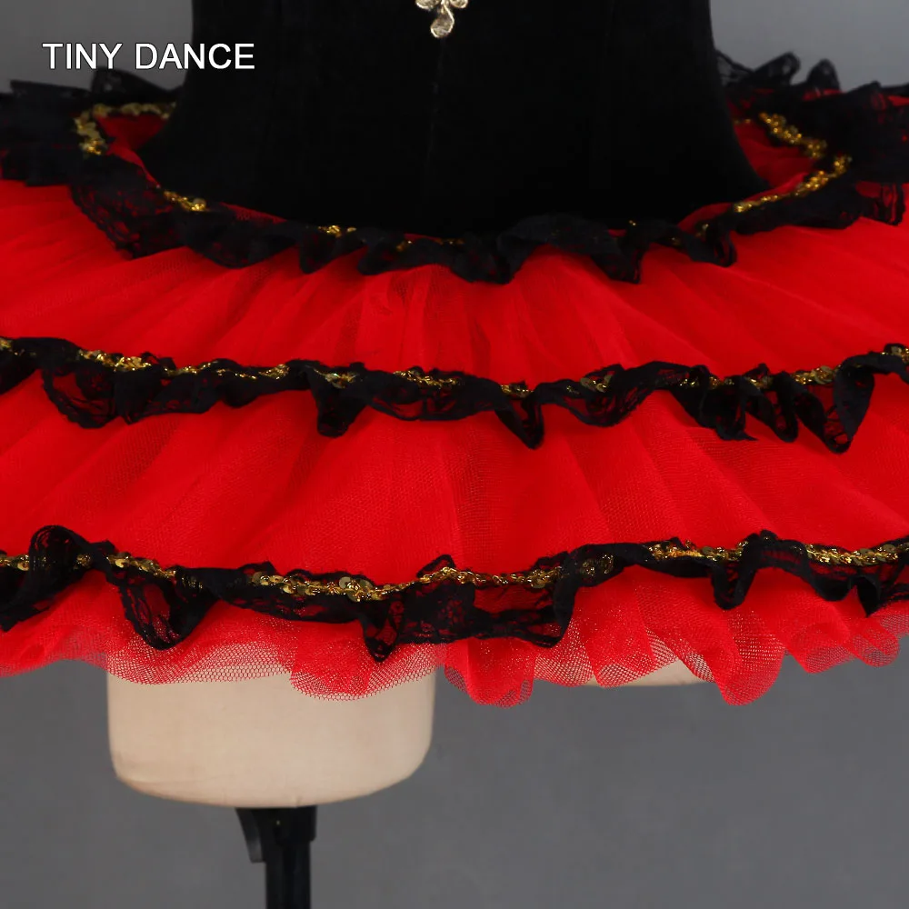 Adult Girls Red Spanish Dress Professional Ballet Dance Tutus Black Stretch Velvet Bodice with Tiered Pancake Tutus BLL408