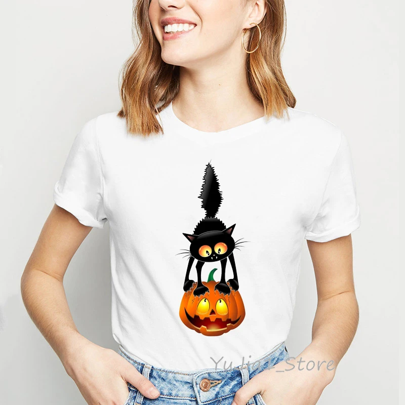 T-shirt femme, streetwear, estival et estival, avec chat, citrouille, animal imprimé, kawaii, Harajuku, halloween, 2021