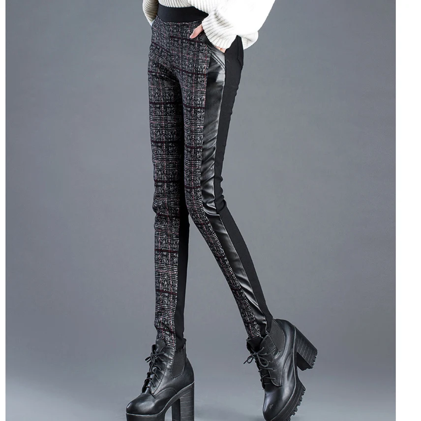 Winter Women 2020 Vintage Plaid Female Bodycon Leggings Elastic High Waist Trousers Fleece Lady PU Patchwork Pencil Pants