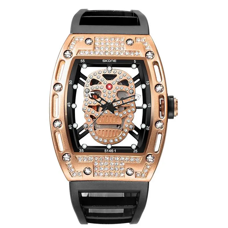 New Fashion Hollow Skull Watch Men Tonneau Quartz Diamond Wristwatch Silicone Strap Outdoor Sports Clock Military Relogio Montre