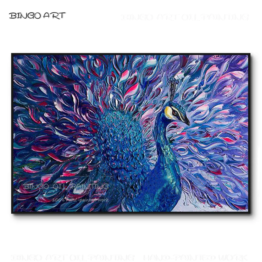 

Excellent Painter Hand-painted High Quality Modern Peacock Oil Painting Purple Animal Peacock Oil Painting for Living Room Decor