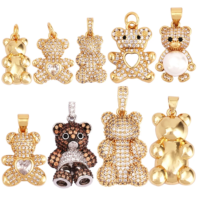 Cute Bear Charm Pendant in Gold Colour , Pearl Cubic Zirconia CZ Paved , Jewelry Necklace Bracelet Making Wholesale Supplies M85