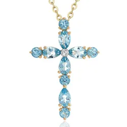 Aquamarine gemstones cross pendant necklace for women blue crystal 18k gold color chain choker jewelry bijoux luxury accessory