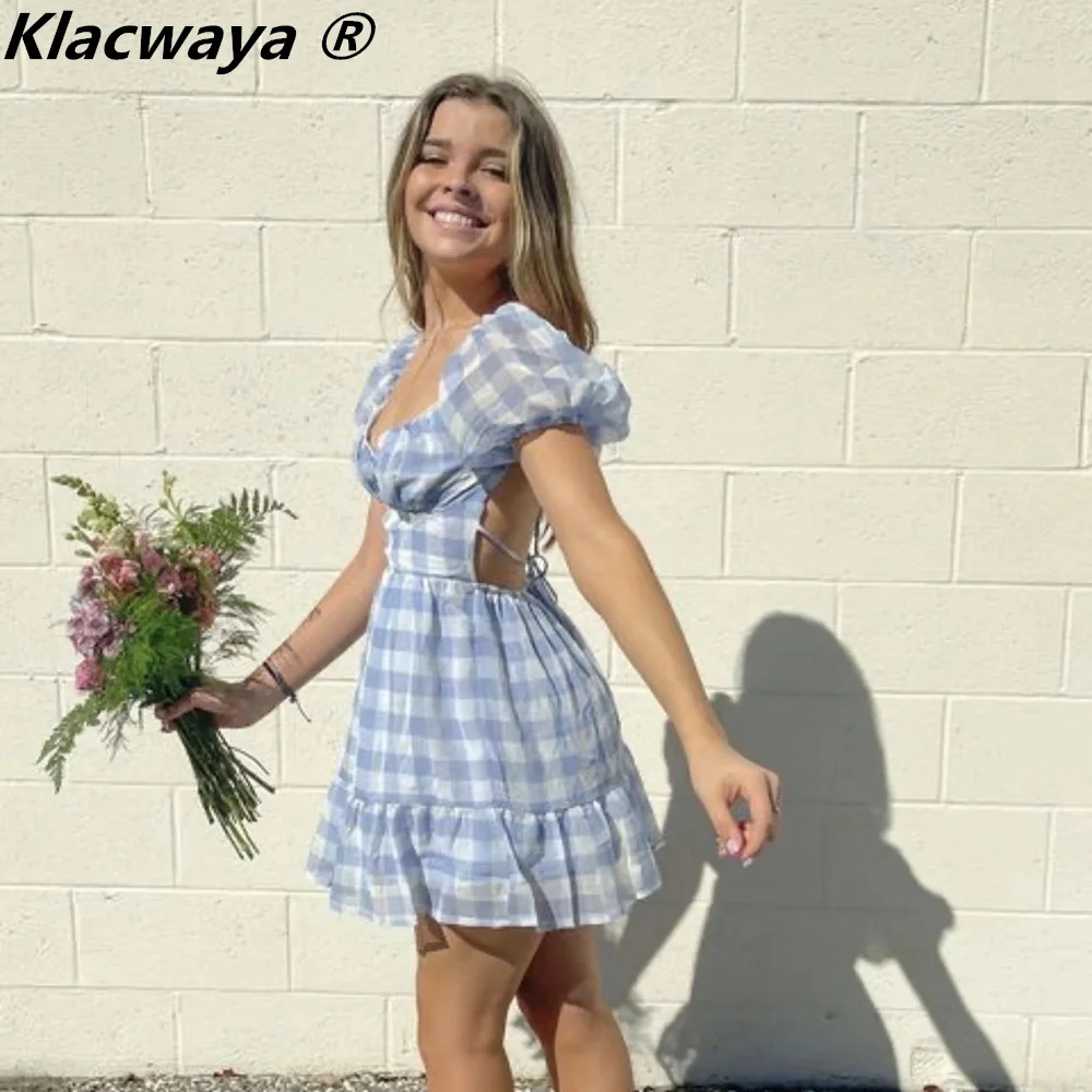 Klacwaya Plaid Casual Jurken Voor Vrouwen 2022 Zomer Vintage Bladerdeeg Mouw Jurk Vrouw Kleding Sexy Backless Bandage Mini Jurk