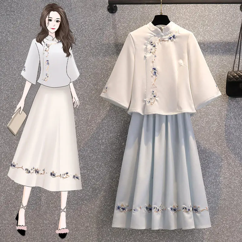 2023 Chinese Style Women's Clothes Skirts Suit Summer Retro Embroidery Blouse Improved Hanfu Skirts Two-piece Sets aq614