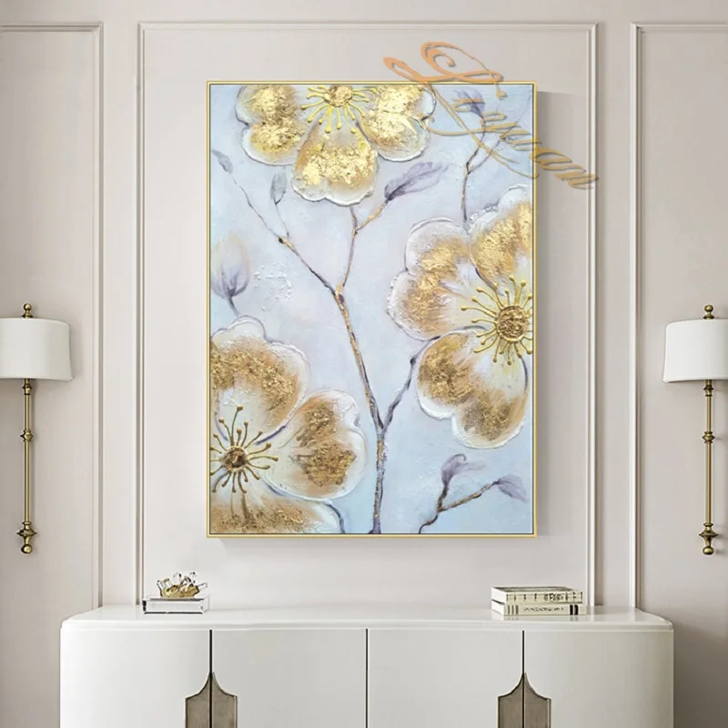 Three Gold Flowers Abstract Oil Painting Modern Hand-painted Wall Art Living Room Picture Home Decoration salon  chambre fille