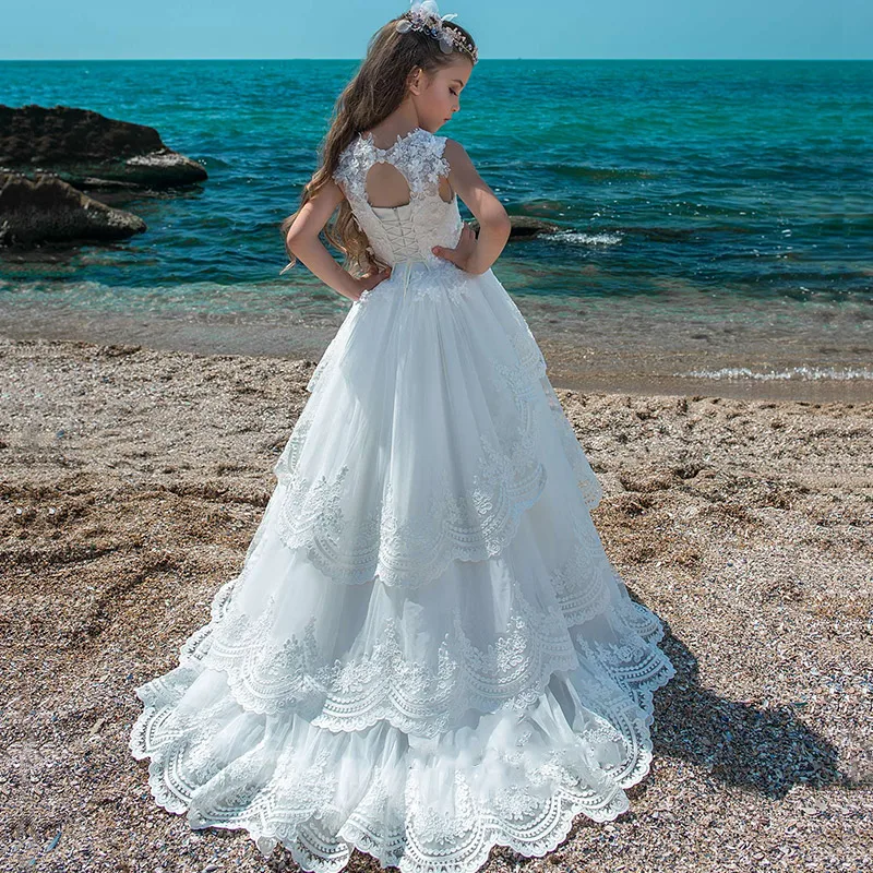 Elegante vestidos da menina de flor para o casamento tule o pescoço primeira comunhão vestidos sem mangas a linha do laço crianças vestidos de festa de casamento